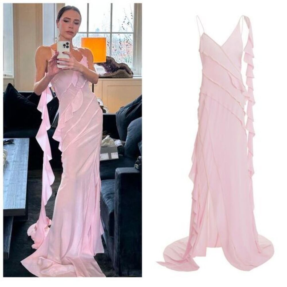 Victoria Beckham $2390 Asymmetric Bias Frill Ruffle Silk Dress Pink Size 2